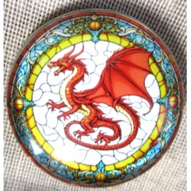 NEW GLASS DOME PIC BUTTON "STAINED GLASS" RED DRAGON ON WHITE W BLUE BORDER 30mm