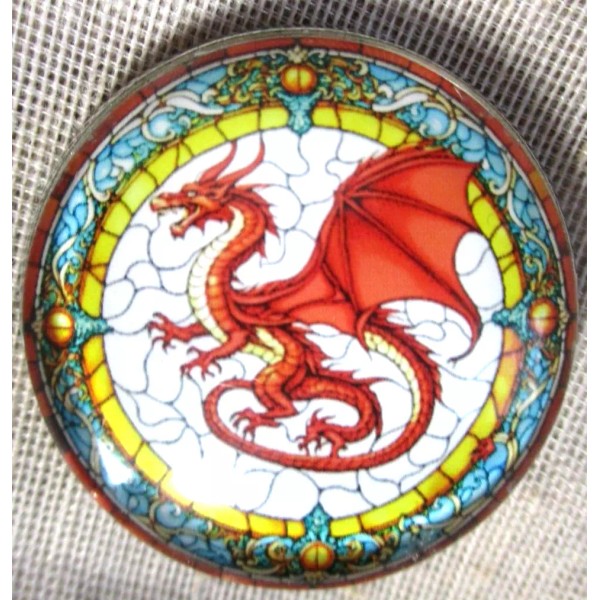 NEW GLASS DOME PIC BUTTON "STAINED GLASS" RED DRAGON ON