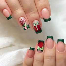 LPOODDNU Christmas Press on Nails Short Square Fake Nails Christmas Stick Bow Glue on Nails Green Glitter French Tip Stick on Nails Christmas False Nails Press ons for Women Girls DIY Nail Art 24Pcs