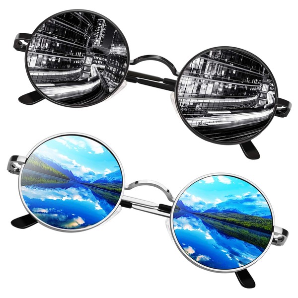 Sunier - anteojos de sol redondas para hombres y mujeres, retro de los años 70, polarizadas, hippie Lennon Circle UV400, 2 unidades, Paquete de 2 unidades, negro, gris y azul plateado, Pequeño