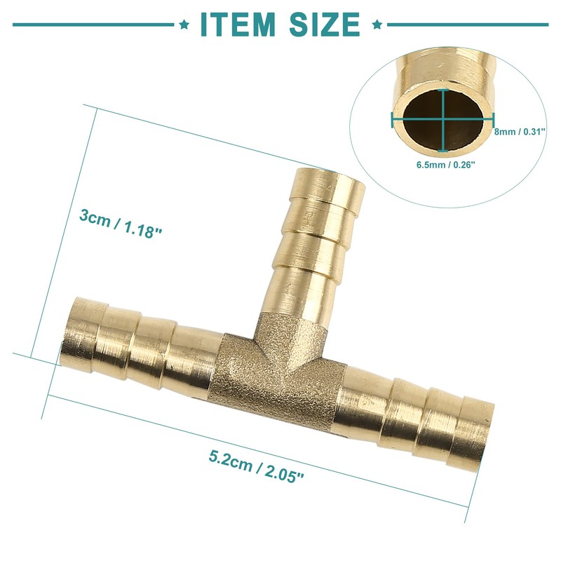 ACROPIX Barb Hose Fittings 8mm Universal T Shape Brass Gold
