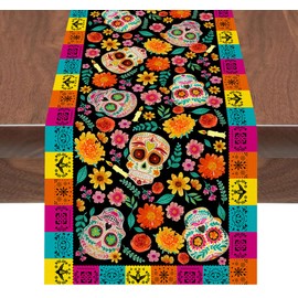 Dia De Los Muertos Table Runner Cinco de Mayo Rustic Linen Mexican Fiesta Sugar Skull Marigold Flowers Farmhouse Rustic Runner Day of The Dead Altar Decor for Ofrenda Party Kitchen Dining Home Table