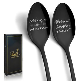 Mum and Dad Gifts, Father's Day Gifts for Dad, Funnydin 2 Pieces Black Teaspoon, Stainless Steel Coffee Spoon with Engraving - Mein liebster Vater, Meine liebste Mutter, Mother's Day Gifts for Mum
