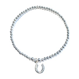 Sterling Silver 925 Beaded Stretch Horseshoe Charm Bracelet