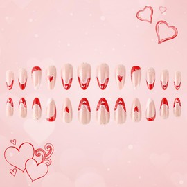 Valentines Press on Nails Medium Almond Fake Nails Red French False Nails with Glitter Heart Design Acrylic Nails Glossy Glue on Nails Full Cover Small Stick on Nails for Women Girls 24 Pcs