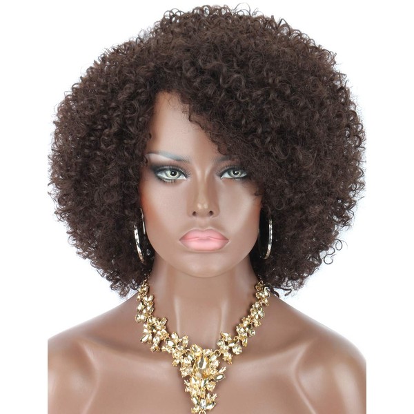 Kalyss Short Afro Crazy Curly Wigs for Black Women High Quality Synthetic Hair Wigs with Fringe 150% Density Elastic and Full Natural Look Hair Replacement Wigs