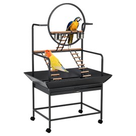 Bird Playstand, 66'' H Inch Birdcage Stand Activity Play Center with Perches and Ladders, Removable Tray, Indoor Outdoor Playground for Parakeet,Cockatiels Conures Parrots, Lockable Caster,Black