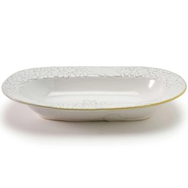 Oval bowl with carefully carved relief flower pattern, 10.0 x 6.4 x height 1.7 inches (25.6 x 16.3 x 4.4 cm), White, Mino Ware, Moist and muted color vessel gives an elegant look to the table scene,