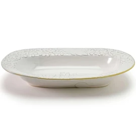 Oval bowl with carefully carved relief flower pattern, 10.0 x 6.4 x height 1.7 inches (25.6 x 16.3 x 4.4 cm), White, Mino Ware, Moist and muted color vessel gives an elegant look to the table scene,