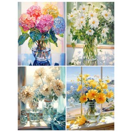 cewlonp 4 Pack Paint by Number for Adults-Flowers Paint by Numbers for Adults Beginner,Easy Canvas Adults Paint by Numbers for Gift Home Wall Decor(4 Pack,12x16inch)