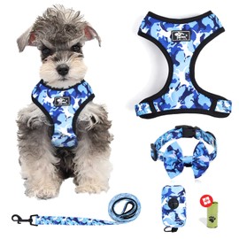 Dog Harness and Leash Set for Small Dogs, Adjustable Reflective No Pull Dog Vest Harness for Puppy with Bow-tie Collar, Leash and Poop Bag (L, Blue Camouflage)