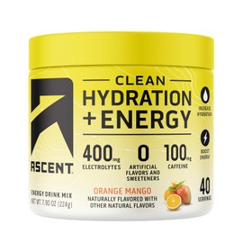 Ascent Clean Hydration + Energy Electrolytes Powder - 100mg of Caffeine & 400mg of Electrolytes, No Artificial Sweetener – Orange Mango, 40 Serving