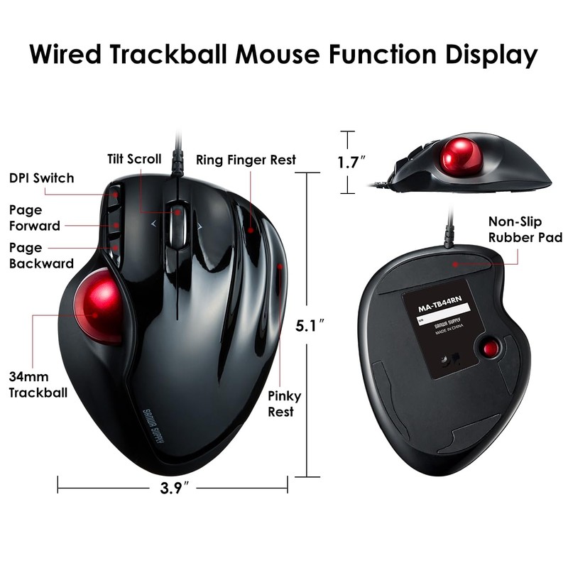 SANWA Wired Ergonomic Trackball Mouse, Programmable Roller Ball Mice, Tilt