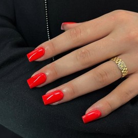 KQueenest Light Red Press on Nails Short Medium, Square Glue on Nails for Women, Bright Solid Color Fake Nails Short Coffin Acrylic Nails, Reusable Press on Gel Nails Set in 24 Pcs