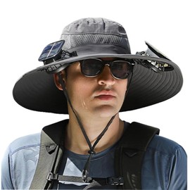 Solar Fan Hat,Wide Brim Sun Hat with 2 Solar Fan, Fishing Hat with Fan for Men, 3 Speed Adjustable Hat with Solar Fans Built in (Grey)