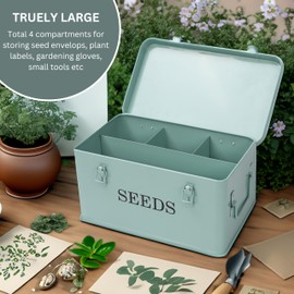 QUILIVIK Large Modern Green Rectangular Metal Seed Storage Box with 4 Compartments and 40 Envelopes and 20 Bamboo Plant Labels