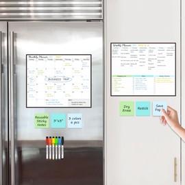Clever Clean Dry Erase Monthly Calendar and Weekly Planner 16.55"x13.5", Restickable Whiteboard Calendar Sticks to Most Smooth Surfaces. Along with 3 Colors Reusable Sticky Notes 3"x3" 6-Pack.
