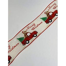 MIABE Ribbons Supplies for 10 Yds - 21/2” Wired Cream Christmas Ribbon - Dog Riding in Red Truck with Tree for DIY Craft, Gift Wrapping, Christmas Wreaths Decoration.