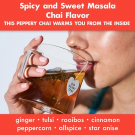 Big Heart Tea Co. Tea Bags - Fiery Masala Chai - Certified Organic, Ayurvedic Herbal Decaf Tea with Small Batch Ground Sweet Herbs and Spices including Adaptogenic Tulsi, Rooibos, Ginger, 10 Tea Bags