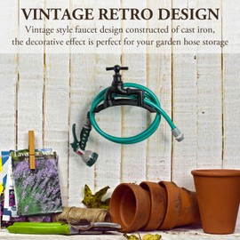 MyGift Wall Mounted Garden Hose Holder, Vintage Spigot Design Black Cast Iron Watering Tube Rack, Decorative Antique Faucet Hanging Hook Water Hosepipe Reel