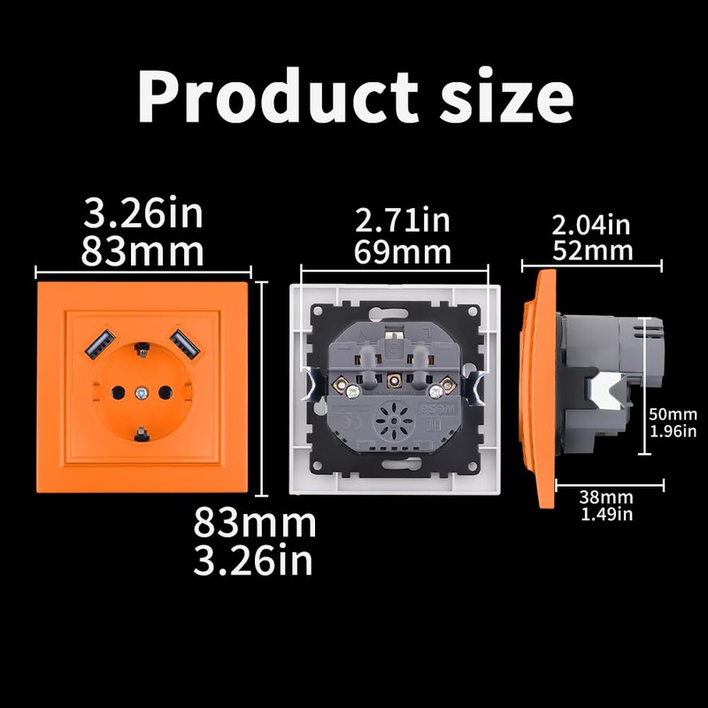 Wall Socket with USB Flush-Mounted Plug, 2 USB Sockets, Wall