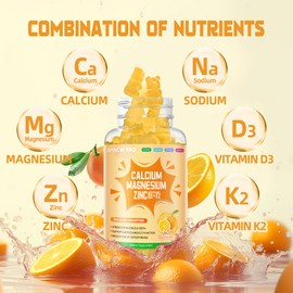 Calcium Magnesium Zinc Gummies with Vitamin D3 & K2 - High Potency Enhanced Absorption -60 Orange Gummies