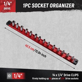 ALOANES Magnetic Socket Organizer, 1/4-Inch Drive Aluminum Socket Holder Socket Tray, Heavy Duty Socket Rail Organizer for Tool Box Drawer, 360°Swivel Clips Socket Rack 1/4-Inch x 14 Clips (Red)