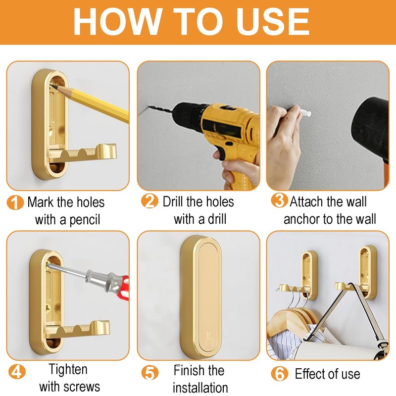 ZcrPrn Foldable Wall Hook, Hanger Hooks, 2 Pcs Gold Heavy