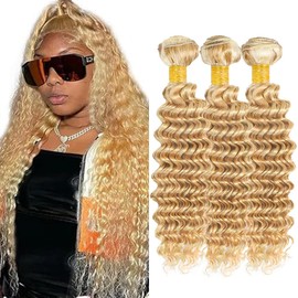 Dokksiiia Highlight Deep Curly Human Hair Bundles P27613 Honey Blonde and Blonde Mix Highlight Deep Wave Bundles Brazilian Hair Extensions Weave 24 26 28 Inch