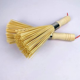 HugeDE 2 Pcs Traditional Natural Bamboo Wok Brushes Bamboo Pot Scrubber Brush Kitchen Pan Cleaning Brush Wok Cleaning Whisk for Dishes Sinks