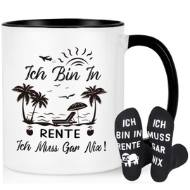 Joymaking Coffee Mugs Retirement Gift for Men - Ich bin in Rente Ich Muss Gar Nix - Retirement Gift with Sock for Colleagues, Boss, Friends Pensioner Gift, 320 ml, Black