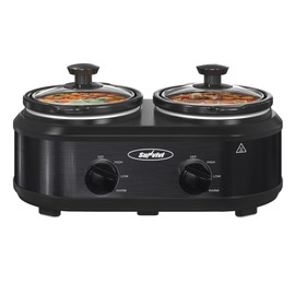 Sunvivi Double Slow Cooker,2 Pot Small Mini Crock Buffet Servers and Warmer,Dual Pot Oval Manual Slow Cooker with Adjustable Temp Removable Ceramic Pot,Stainless Steel, Total 2 * 1.25 Quarts Black
