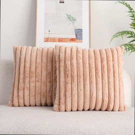 DEELAND Pack of 2 Faux Fur Plush Decorative Throw Pillow Covers Fuzzy Striped Soft Pillowcase Cushion Covers for Sofa Couch Bedroom 12x20 inch (24"x24",Camel)