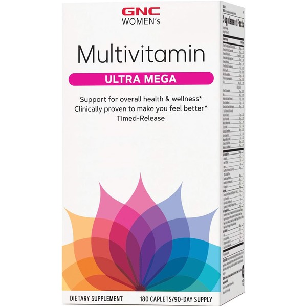 GNC Women's Ultra Mega Multivitamin, 180 Caplets, Supports Overall Health and Wellness in Women