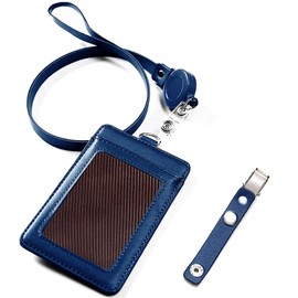 VIAKY ID Card Holder, Leather Pass Case, Elastic Reel Type, Neck Strap, Band Clip, Employee ID, Name Tag, Transit Case, Vertical, Men's, Women's, Functional, Present, 3 Pockets, Blue