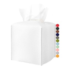 Tissue Holder White Tissue Box Cover – Square Leather Tissue Cover Box with Bottom Belt by JESMINI Decorative Tissue Box Holder for Modern Home Office Decor
