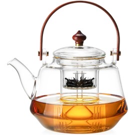 40oz Glass Teapot with Anti-Drip Spout, Peach Wood Handle and Lid, Heat-Resistant Borosilicate Glass, Dual Infusers for Steaming and Boiling