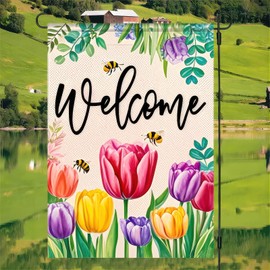 BlissYard Welcome Garden Flag 12x18 Double Sided Small Flags with Tulip and Bees Backdrop for Spring Summer Garden Flags Outside Holiday Seasonal Decor Yard Flags Yard Patio Lawn Decoration