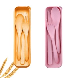 Reusable Utensils Set with Case,Travel Utensils with Case,Reusable Utensils Eco-Friendly BPA Free Lunch Tableware for Kids Adults Travel Picnic (Pink Yellow)
