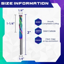 Eyryfui Spiral Router Bit 1/4 Inch Shank Solid Carbide CNC Router Bits with Extra Long Life Coating End Mill for Woodwork Carving, Slot Mortise, Engraving, Grinding (Compression, 1/4"x1-1/4"x3"x1/4")