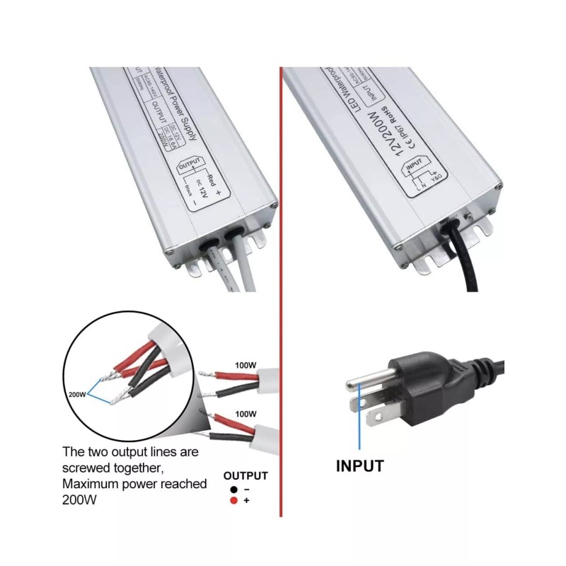 DC LED Power Supply, 200W IP67 Waterproof Outdoor Driver,AC 90-140V