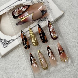 Jremg Brown Press on Nails Long Almond Fake Nails with Rhinestones Designs 3D Gold Texture False Nails Glossy Embossed Pearl Flowers Glue on Nails Reusable Stick on Nails for Women Nail Art 24Pcs