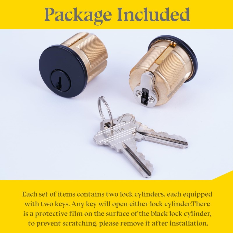 2 Pack Brass Mortise Door Cylinder Lock, 1 1/8" Inch