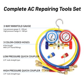 PB Motor Tech 4.5 CFM Vacuum Pump with Brass Manifold Gauge Set with 4FT Three-Color Hoses and 2 Quick Couplers, for R134A, R12, R22, R502 Refrigerants, for Auto & Household AC Maintenance