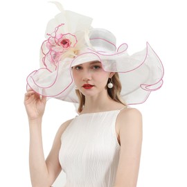 RZTA Women's Kentucky Derby Church Dress Hat Wide Brim Leaf Flower Bridal Shower Hat 01White,Pink