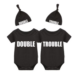 YSCULBUTOL Baby Twins Bodysuits Funny Double Trouble Cute Romper Twin Jumpsuits Hat Set (Black 1, 9-12 Months)