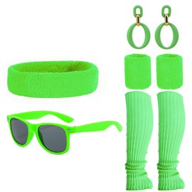 8Pc Vintage 70s Disco Party Set - Groovy Yoga Glasses, Headband, Wristbands, Leg Warmers & Earrings for Disco Night, Cosplay, Neon Rave (Unisex Retro Costume Accessories)(Green)