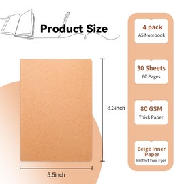 4 Pack Blank Kraft Notebooks, 8.3x5.5 Inches A5 Small Journals Bulk Blank Notebooks 80 GSM Unlined with 60 Pages A5 Subject Notebooks Traveler Journal Set for Adult Students Gift School Office Supplies
