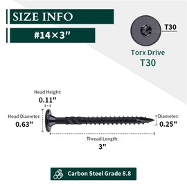 #14 x 3 Heavy-Duty Structural Deck & Lag Screws - Epoxy-Coated Black Rust Resistant - Torx T30 Star Drive (Includes Bit) - for Outdoor Timber, Log, Landscaping Wood, Fence, Pergola, 50-Pack