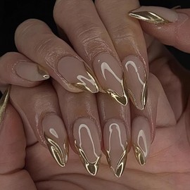 ROFIBUT Gold French Tip Press on Nails Medium Almond Fake Nails with Design Glossy Glue on Nails Gold Chrome Acrylic Nails Stick on Nails Reusable Artificial Acrylic Nails for Women Girls 24Pcs